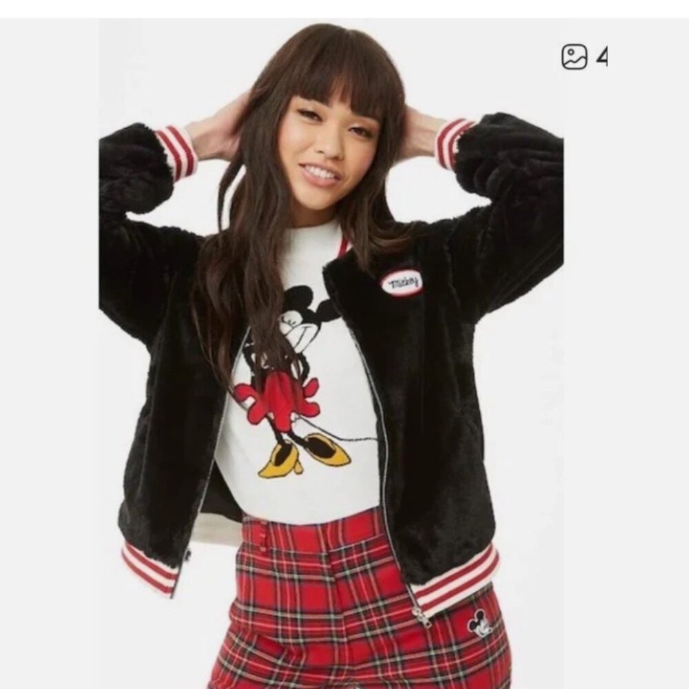 DISNEY X FOREVER 21 Japan Mickey Mouse Faux Fur Bomber Varsity Jacket Women S